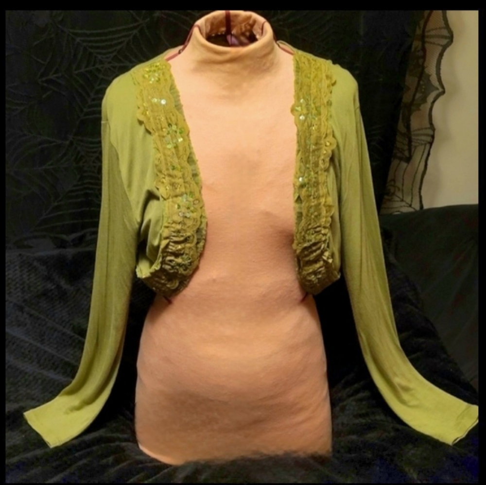 Vtg Y2K Harley Davidson olive green sequins lace long sleeve bolero shrug L NWT - Picture 8 of 16